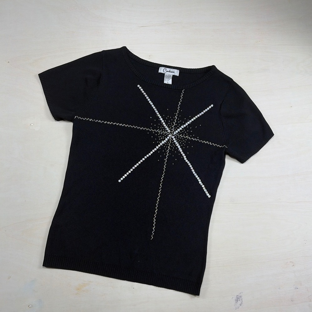 Carducci Vintage Black Knit Top Sequin Starburst Short Sleeve Y2K Rayon Blend S